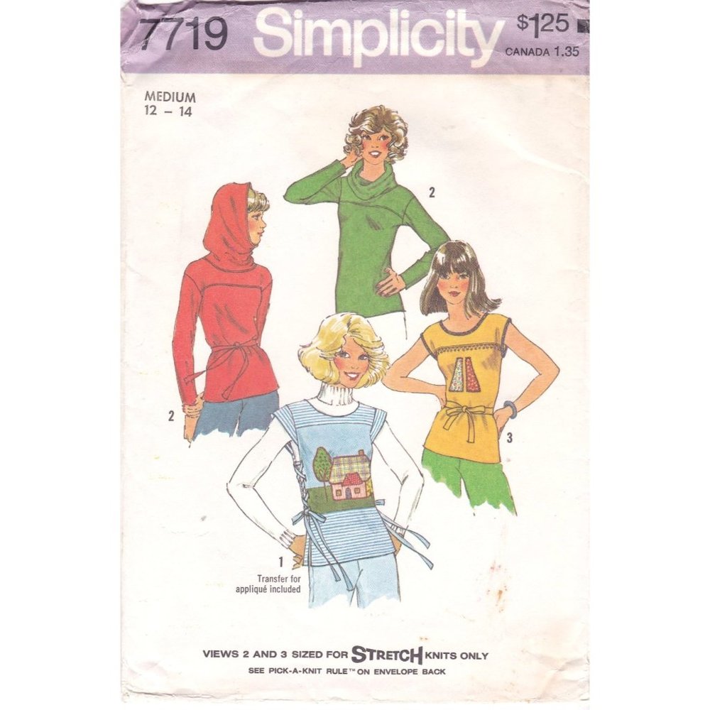 Vintage Sewing PATTERN Simplicity 7719, Misses 1976 Pullover Tops, Size Medium